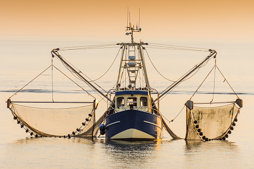 Trawler fishing with trawl net on the North Sea off the coast of Buesum, Schleswig-Holstein Wadden Sea National Park, Schleswig-Holstein, Germany