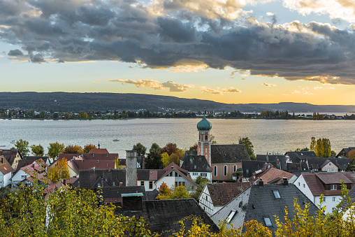 View over Allenbach am Bodensee towards Island of Reichenau in evening light, Baden-Wuerttemberg, Germany