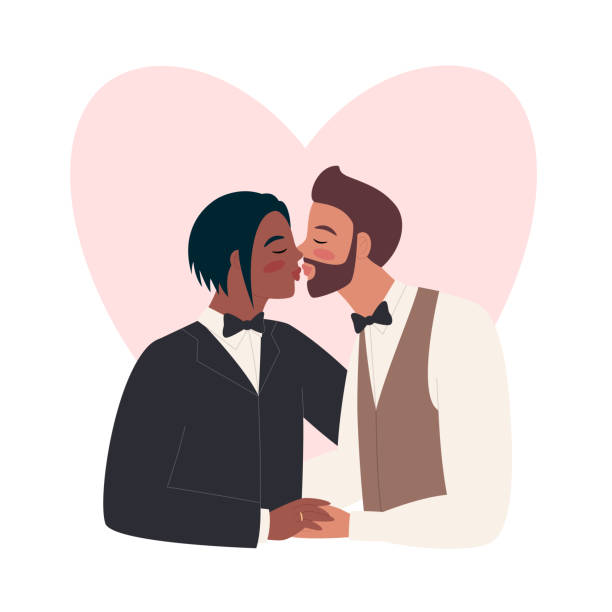 Interracial gay marriage. Two happy men kiss in wedding suits Interracial gay marriage. Two happy men kiss in wedding suits. Homosexual sweetheart couple together. Vector illustration. gay wedding kiss stock illustrations