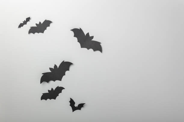 istock Halloween decoration concept - black paper bats on white background 1423322674