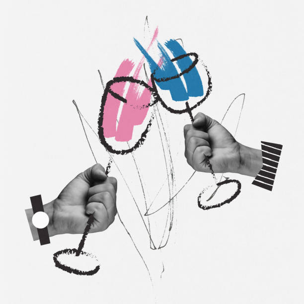 istock Conceptual design. Male hands holding wine glasses and clinking. Drawn elements. Art collage 1423323564