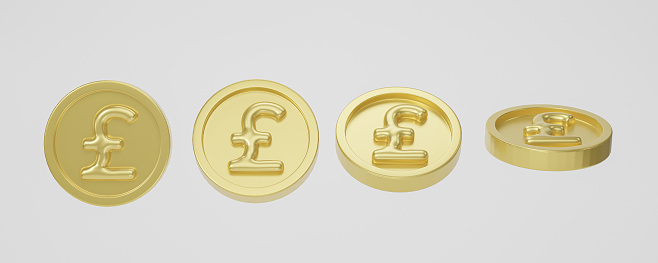 Set of Pound golden coin isolated on white background. 3D Rendering.