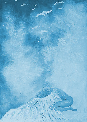 Artistic Illustration oil painting portrait figure of a  woman with long hair in the form of  angel with wings protecting her child against the background in blue tones of the rays  and a clear sky