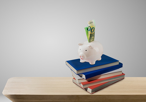 Pink Piggy bank on top of books with money and grey background as concept image of the saving and education idea