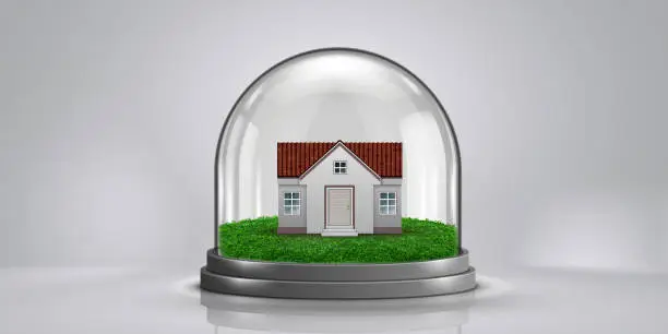 House under glass bell jar with green glass, finance, insurance and business screen