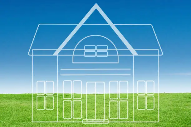 Line out house on grass field with blue sky, banking, loan and business concept