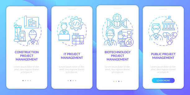 illustrazioni stock, clip art, cartoni animati e icone di tendenza di tipi di gestione del progetto gradiente blu onboarding schermo dell'app mobile - ideas biotechnology construction business