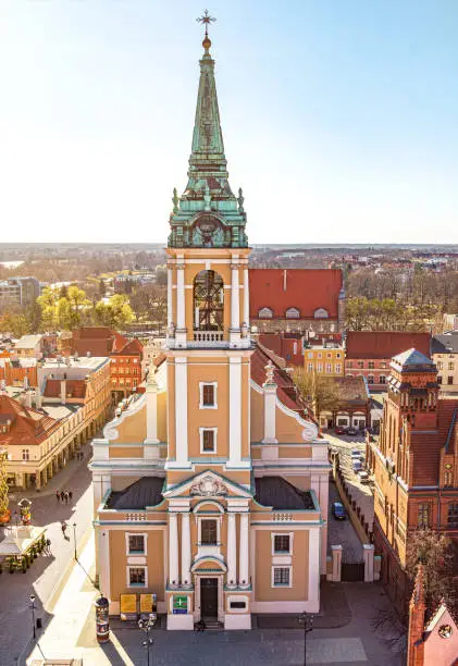 Red roofs and spiers of ancient houses in the city of Torun in Poland. Beautiful cityscape, aerial view