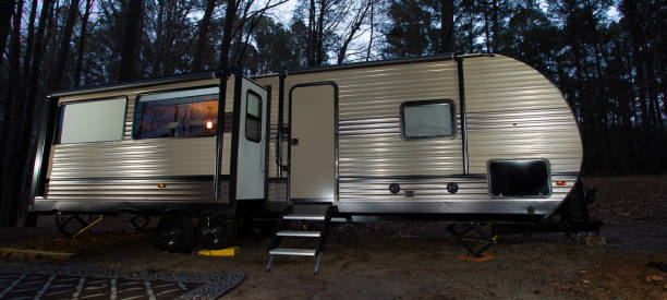 istock Camping trailer campsite in a forest after dusk 1423333097