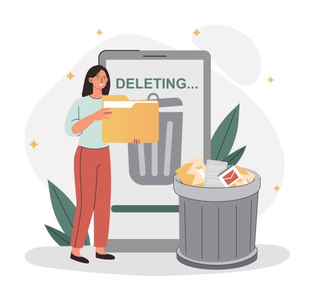 Cleaning phone concept Cleaning phone concept. Woman deletes files from smartphone, freeing up space from garbage and trash. Gadgets and devices, modern technologies and digital world. Cartoon flat vector illustration laptop in a trash bin stock illustrations