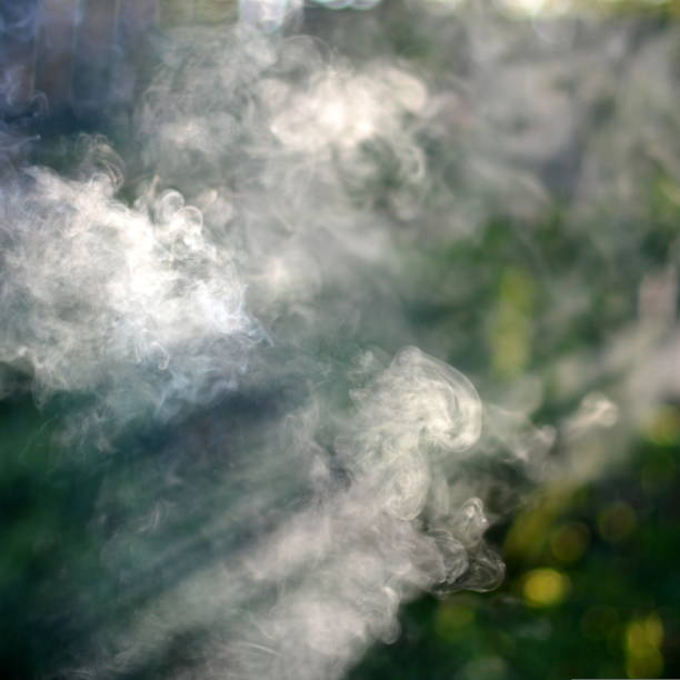 暗い背景に白い煙。葉巻やタバコの渦巻く霧のスモッグの形の赤熱した薪からの熱い蒸気。透明な霧のほこりの逆光の広がり - redhot ストックフォトと画像