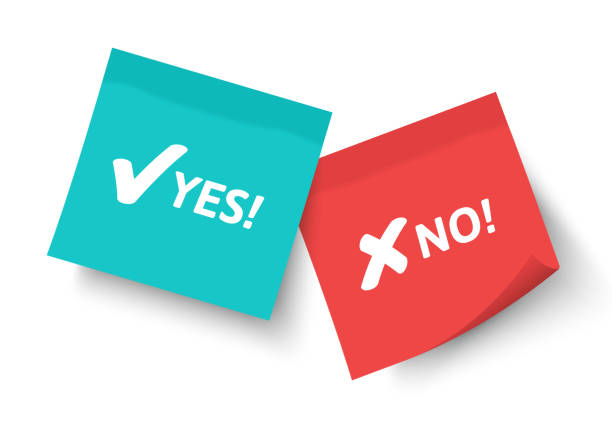 Yes and No words written on office memo notes Yes and No words written on office memo notes of green and yellow colors over white background. Decision making during business career. Positivity and negativity concept. single word no stock illustrations