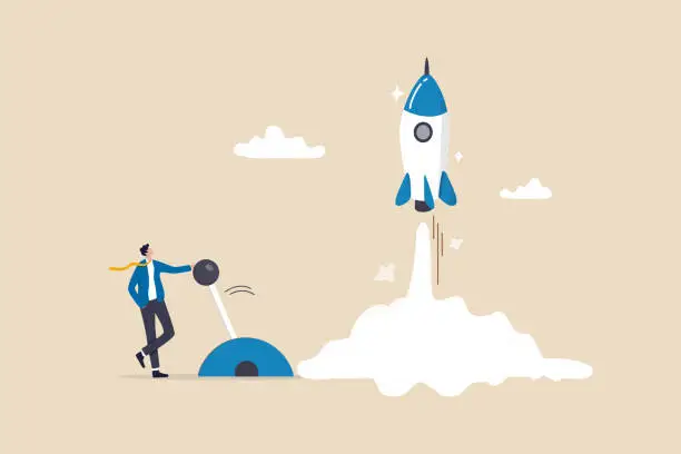 Vector illustration of Start your own business, launch success rocket or entrepreneur, startup project or boost company growth, invention concept, ambitious businessman entrepreneur push switch to launch rocket into sky.