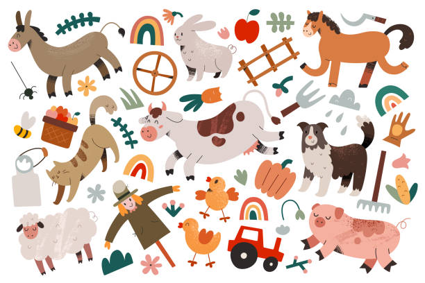 ilustrações, clipart, desenhos animados e ícones de coleção de animais da fazenda, animais de fazenda, cavalo sorridente, ovelhas fofas, porquinho engraçado e vaca dançante, personagens de desenhos animados adoráveis, artes de clipe vetor desenhado à mão - farm pumpkin autumn farmer