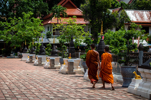 Chiang Mai, Chiang Mai, Thailand; 06-15-2022. Two monks walking in the Chiang Mai Temple, Thailand.