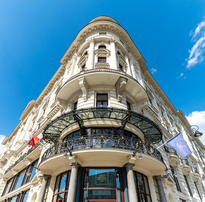Warsaw, Poland - May 01, 2022: Vintage building of the Hotel Bristol in Warsaw, Poland. Grand circa-1901 building,  art deco style hotel architecture
