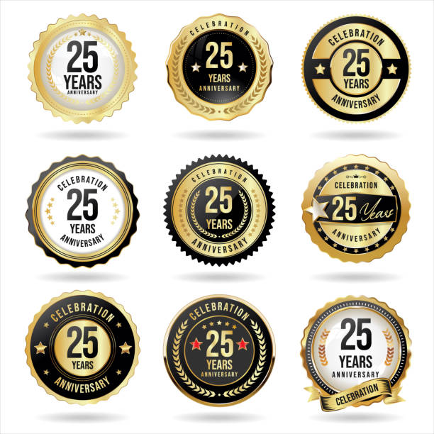 illustrazioni stock, clip art, cartoni animati e icone di tendenza di collezione di badge d'oro per l'anniversario e illustrazioni vettoriali di etichette - anno giubilare immagine