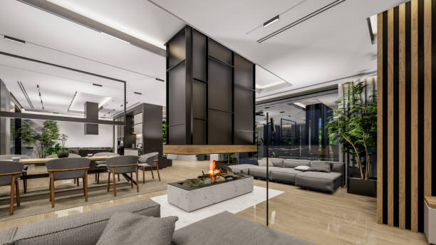 istock 3d rendering of modern cozy interior with living, dining zone, stair and kitchen 1423341887