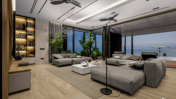 istock 3d rendering of modern cozy interior with living, dining zone, stair and kitchen 1423341889