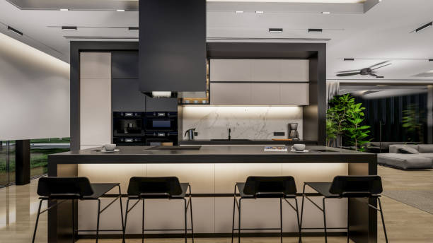 istock 3d rendering of modern cozy interior with living, dining zone, stair and kitchen 1423341894