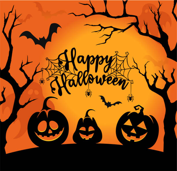 selamat halloween oranye latar belakang - halloween ilustrasi stok