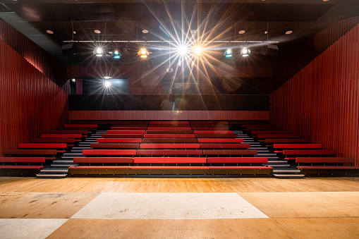 Empty dimmy theatrical stage with the red curtains drawn and rows of vacant seats from the rear. 3d rendering
