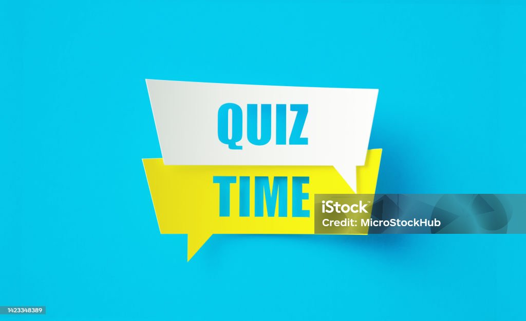 Quiz Time Written Cut Out Yellow And White Speech Bubbles Sitting Over Blue Background Quiz time written cut out yellow and white speech bubbles sitting on blue background. Horizontal composition with copy space. Trivia Stock Photo
