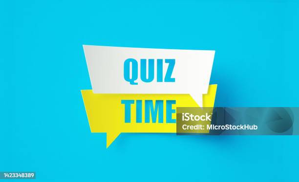 Quiz Time Written Cut Out Yellow And White Speech Bubbles Sitting Over Blue Background Stock Photo - Download Image Now
