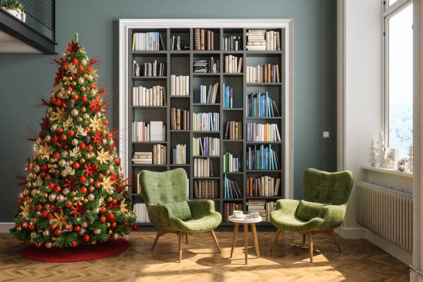 lesesaal-interieur mit weihnachtsbaum, bücherregal, grünen sesseln und couchtisch - showcase interior home decorating architecture home interior stock-fotos und bilder