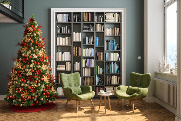 Reading Room Interior With Christmas Tree, Bookshelf, Green Armchairs And Coffee Table