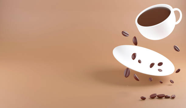 istock 3D rendering falling of coffee cup and coffee beans for copy space on brown background , 3D illustration coffee concept 1423350298