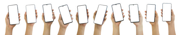 Collection of hand holding smartphone with white screen, Isolated on white background. stock photo