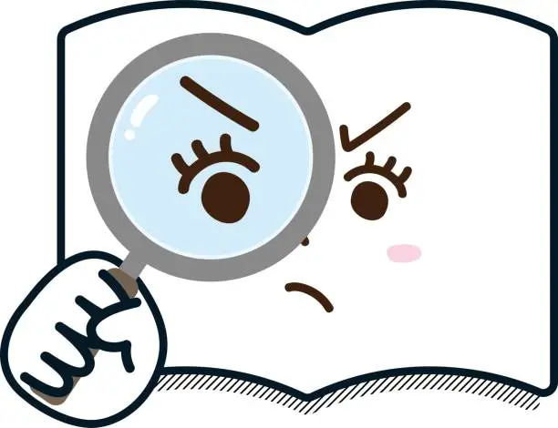 Vector illustration of A book with an angry face holding a magnifying glass and doing research / illustration material (vector illustration)