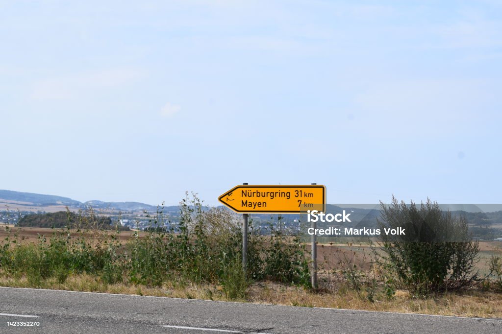 traffics sign to Mayen and the Nürburgring Rhineland-Palatinate, main road between Koblenz and Mayen Nürburgring Stock Photo
