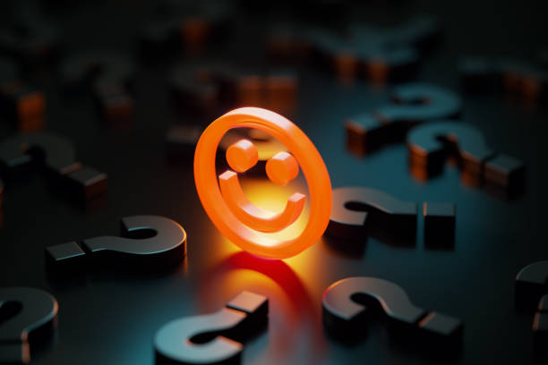 Feedback Concept - Yellow Smiley Face Glowing Amid Black Question Marks On Black Background Smiley face glowing amid black question marks on black background. Horizontal composition with copy space. Feedback concept. customer feedback stock pictures, royalty-free photos & images