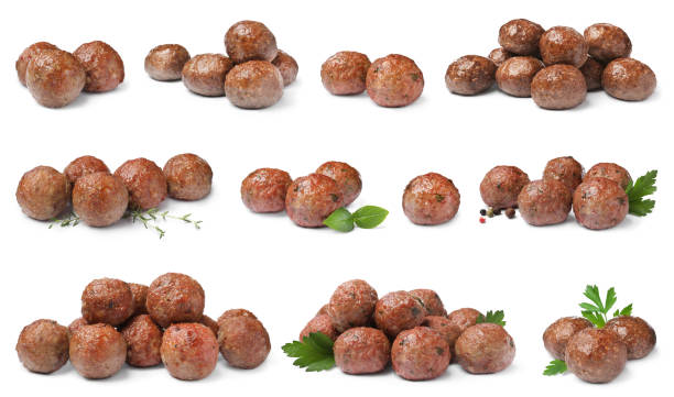 Set with tasty cooked meatballs on white background