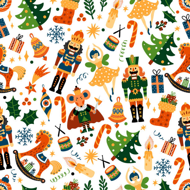 ilustrações de stock, clip art, desenhos animados e ícones de christmas vector seamless nutcracker pattern. - xmas toys snowflake