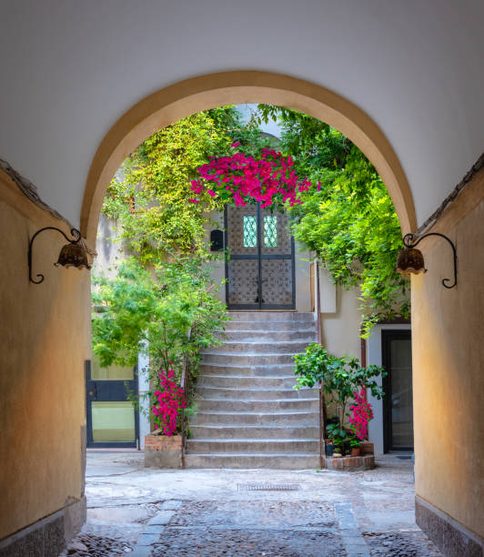 Dome house architecture in Tuscani View of a house with arched medieval architecture with stairs and flowers in the window in Tuscani, Italy tuscany photos stock pictures, royalty-free photos & images