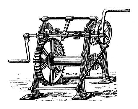 istock Antique illustration, applied mechanics and machines: Crane, lifter and hoist 1423358174