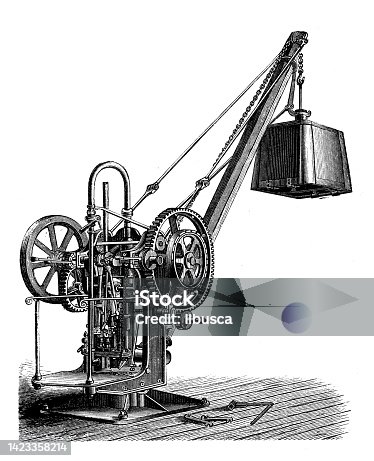 istock Antique illustration, applied mechanics and machines: Crane, lifter and hoist 1423358214