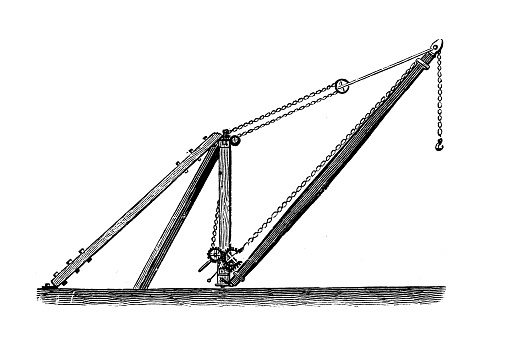 Antique illustration, applied mechanics and machines: Crane, lifter and hoist