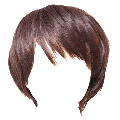 Women's short hair wig. Dark brown color.Cropped image.
