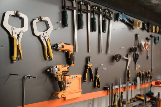 istock Tools background. Equipment for garage shop 1423368998