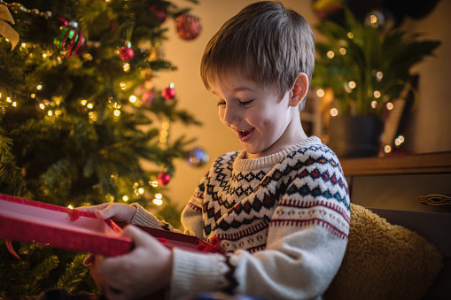 A young boy is excited for Christmas morning and the opening of presents.