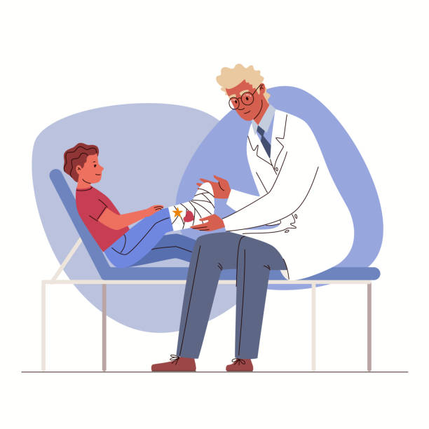 illustrations, cliparts, dessins animés et icônes de traumatologie examine et panse la jambe cassée de l’enfant, traitement à l’hôpital. - emergency room illustrations