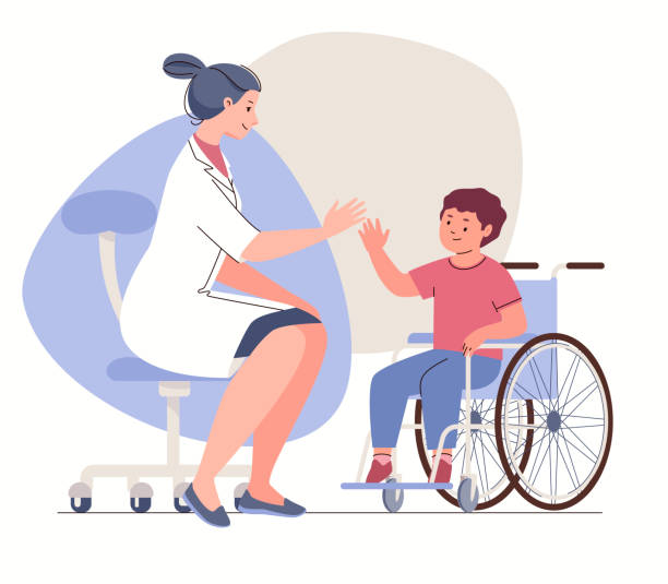 stockillustraties, clipart, cartoons en iconen met doctor and child in wheelchair. - neurology child
