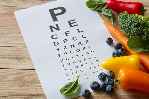 Food for eyes health, colorful vegetables and fruits, rich in lutein and eye test chart on wooden background, concept idea