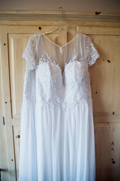 istock Plus size wedding dress hanging from a closet. 1423374013