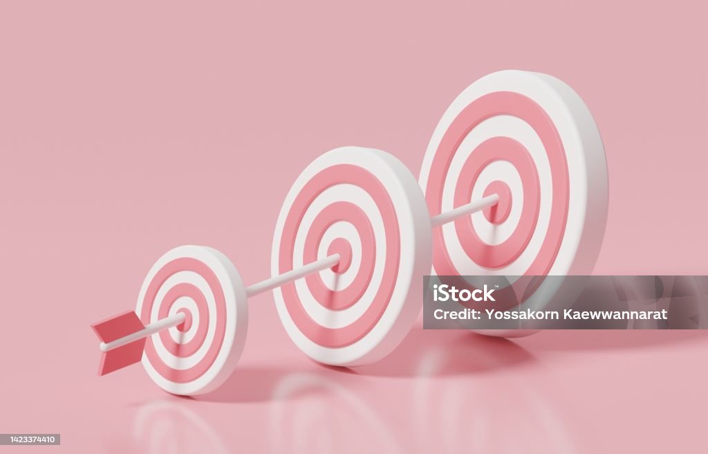 Arrow hitting  from small archery target to bigger one, challenge to achieve next level goal, motivation to continue career growth concept, 3d render illustration. Abstract Stock Photo