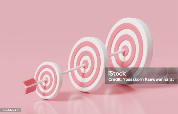 Arrow Hitting From Small Archery Target To Bigger One Challenge To Achieve Next Level Goal Motivation To Continue Career Growth Concept 3d Render Illustration Stock Photo - Download Image Now